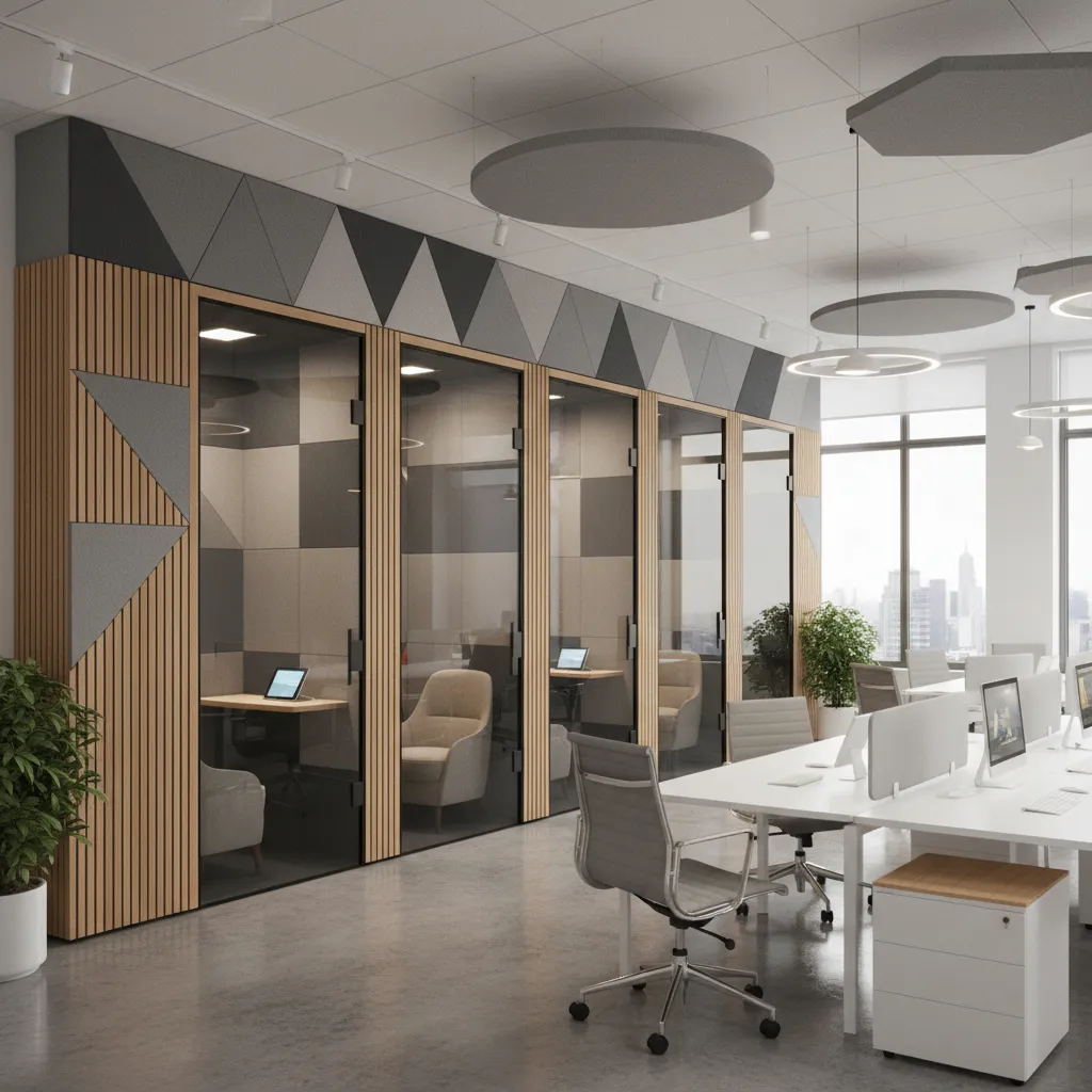 Oficina moderna con paneles acústicos y cabinas de llamadas