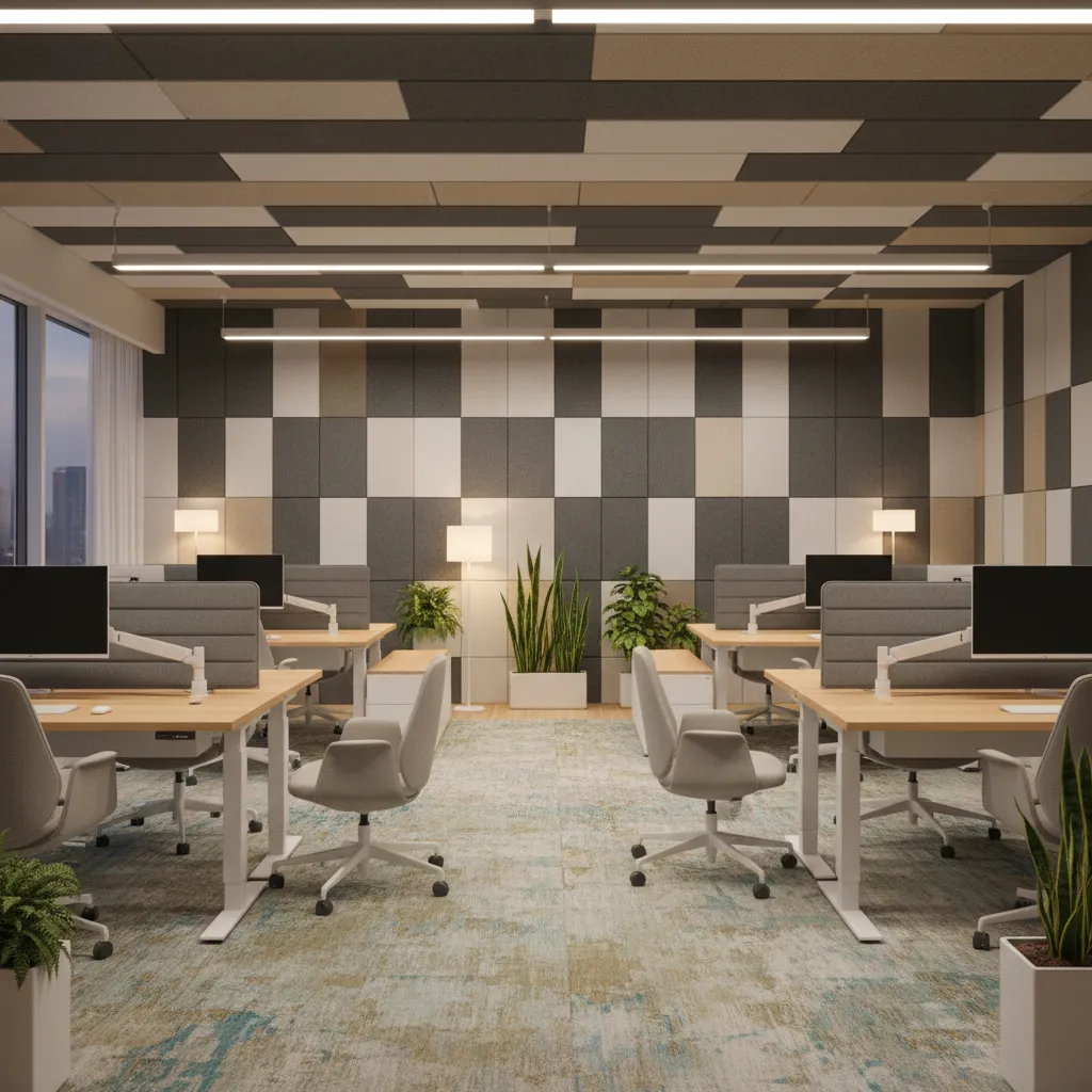 Modern office workspace with wooden desks grey chairs checkered wall panels and long white lights