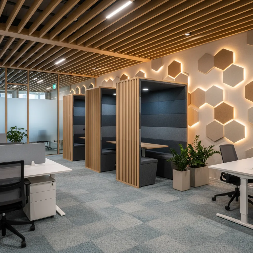 Office interior with wooden strip ceiling hexagon wall lights privacy booths and white modern desks