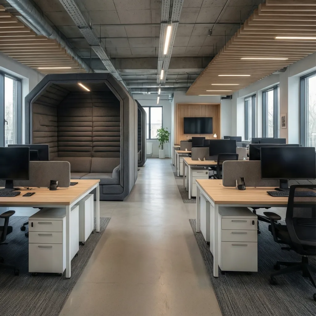 acoustic focus pods inside open office workspace