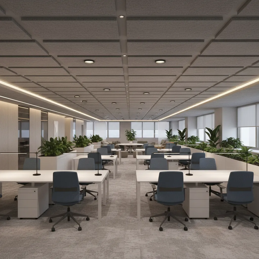 Landscape office with acoustic ceiling panels and layered lighting