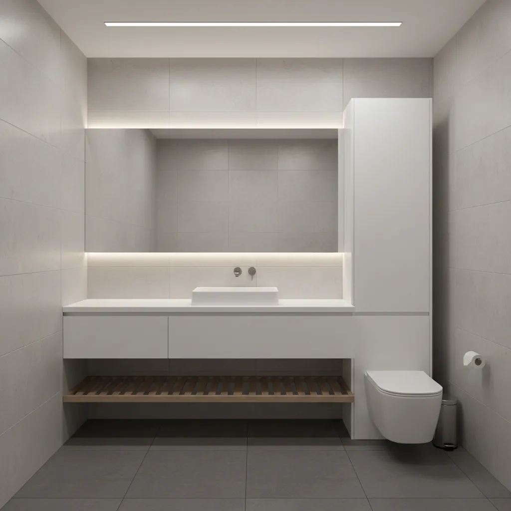 small office bathroom with recessed storage and floating vanity