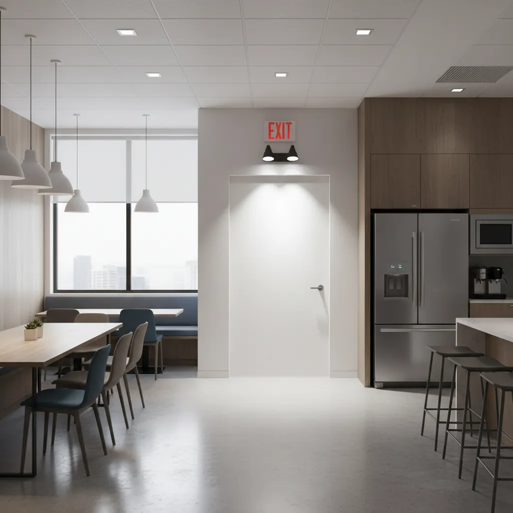 Office break room showing emergency lighting fixture and illuminated exit path