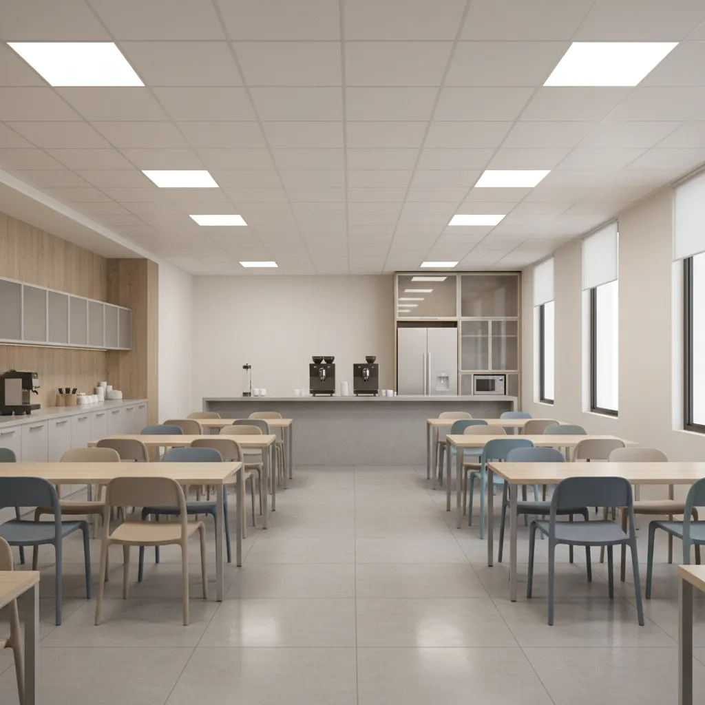 Office break room with LED ceiling lighting and dining seating area