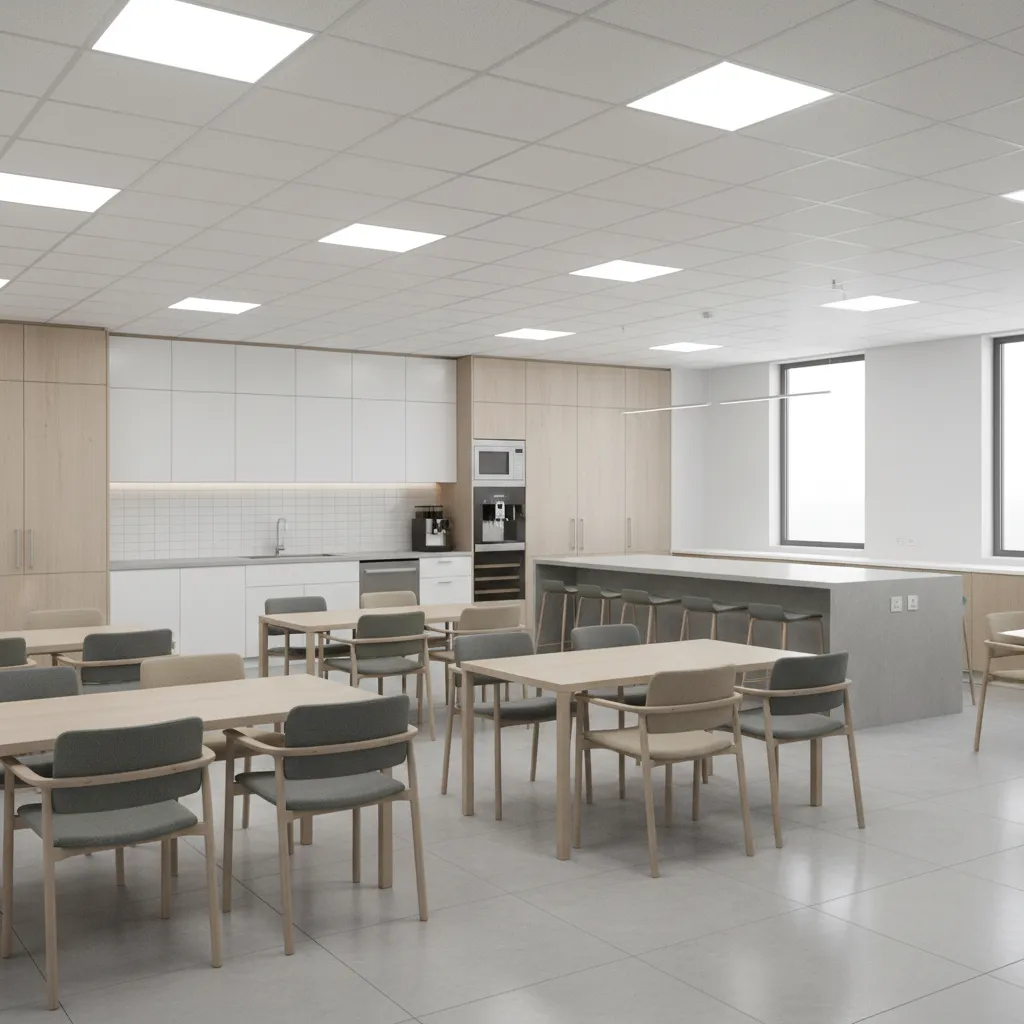 Office break room illuminated with LED panel ceiling lights