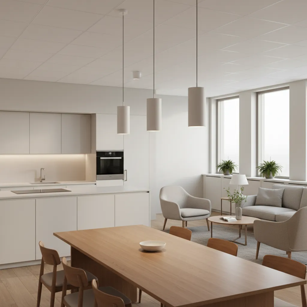 Modern office break room with soft ambient lighting and pendant fixtures