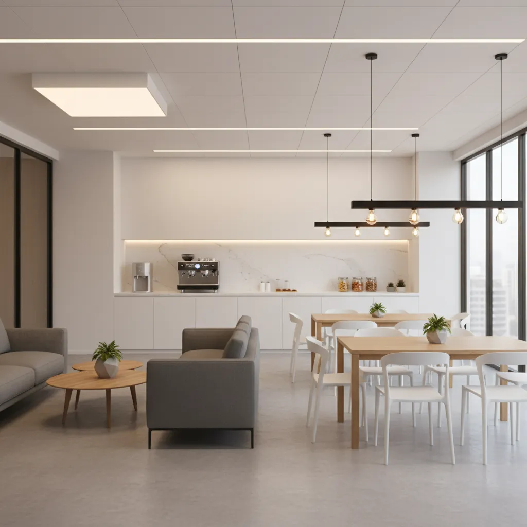 office break room lighting zones with seating and coffee station
