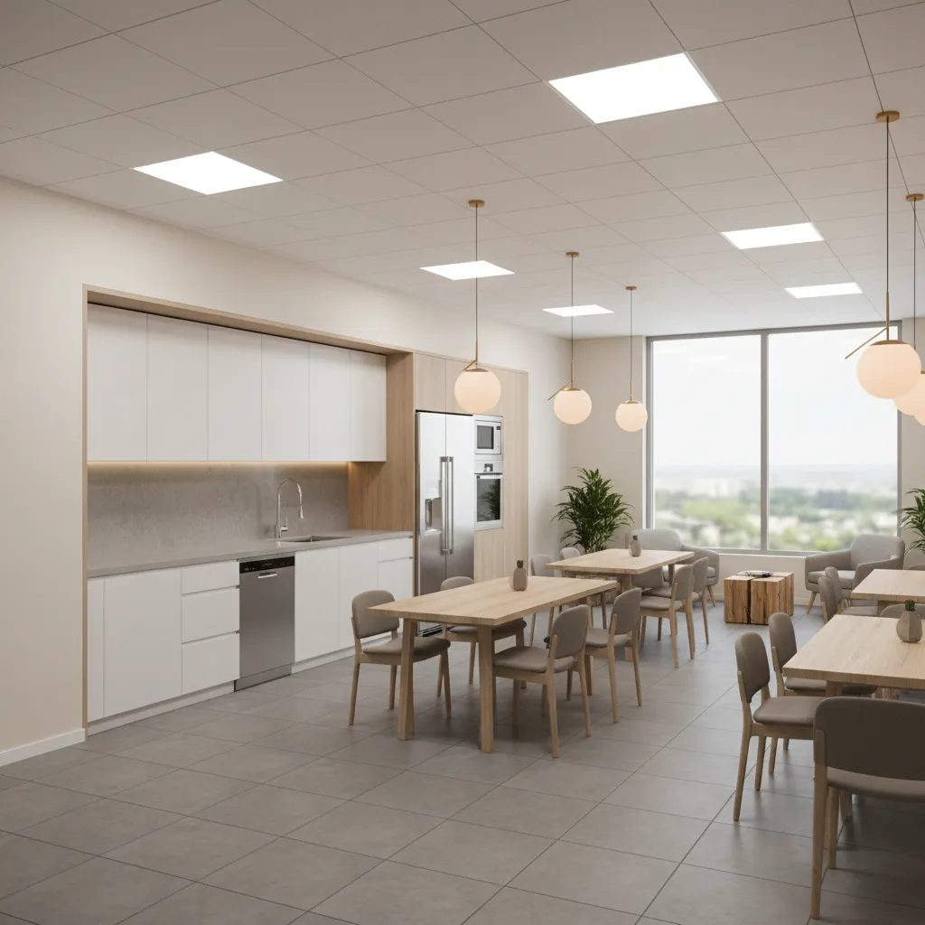 Office break room with mixed lighting zones and seating areas