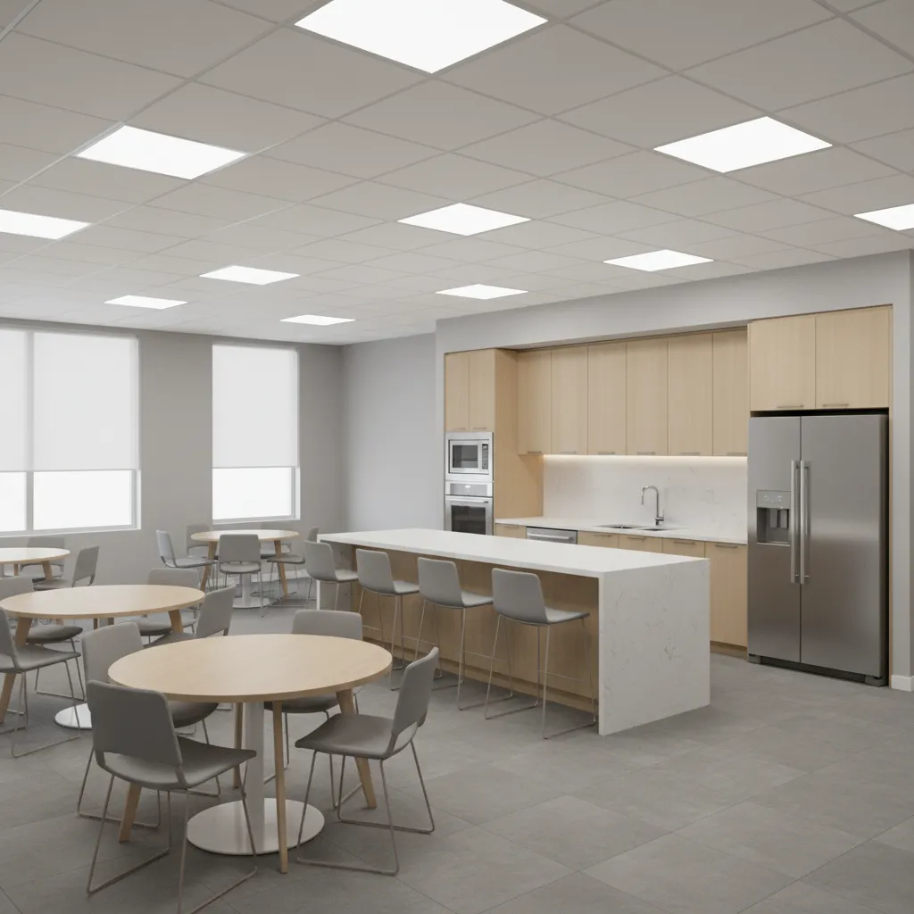 Office break room with evenly distributed ceiling lighting and visible appliance areas
