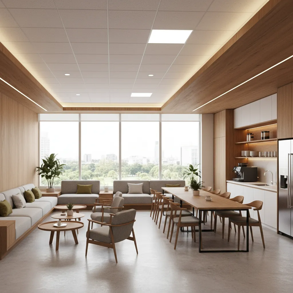Office break room with warm lighting and relaxed seating layout