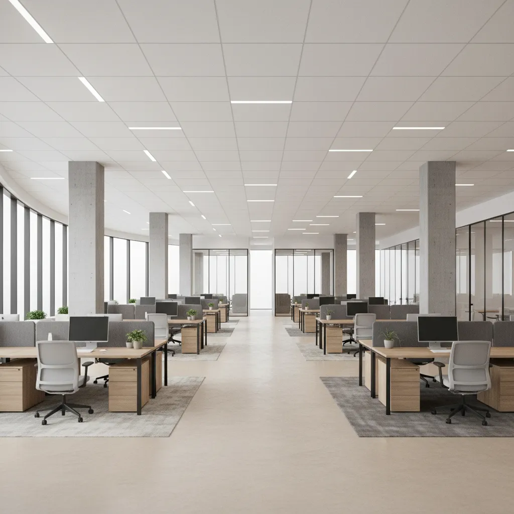 Modern office open floor plan with evenly spaced structural columns