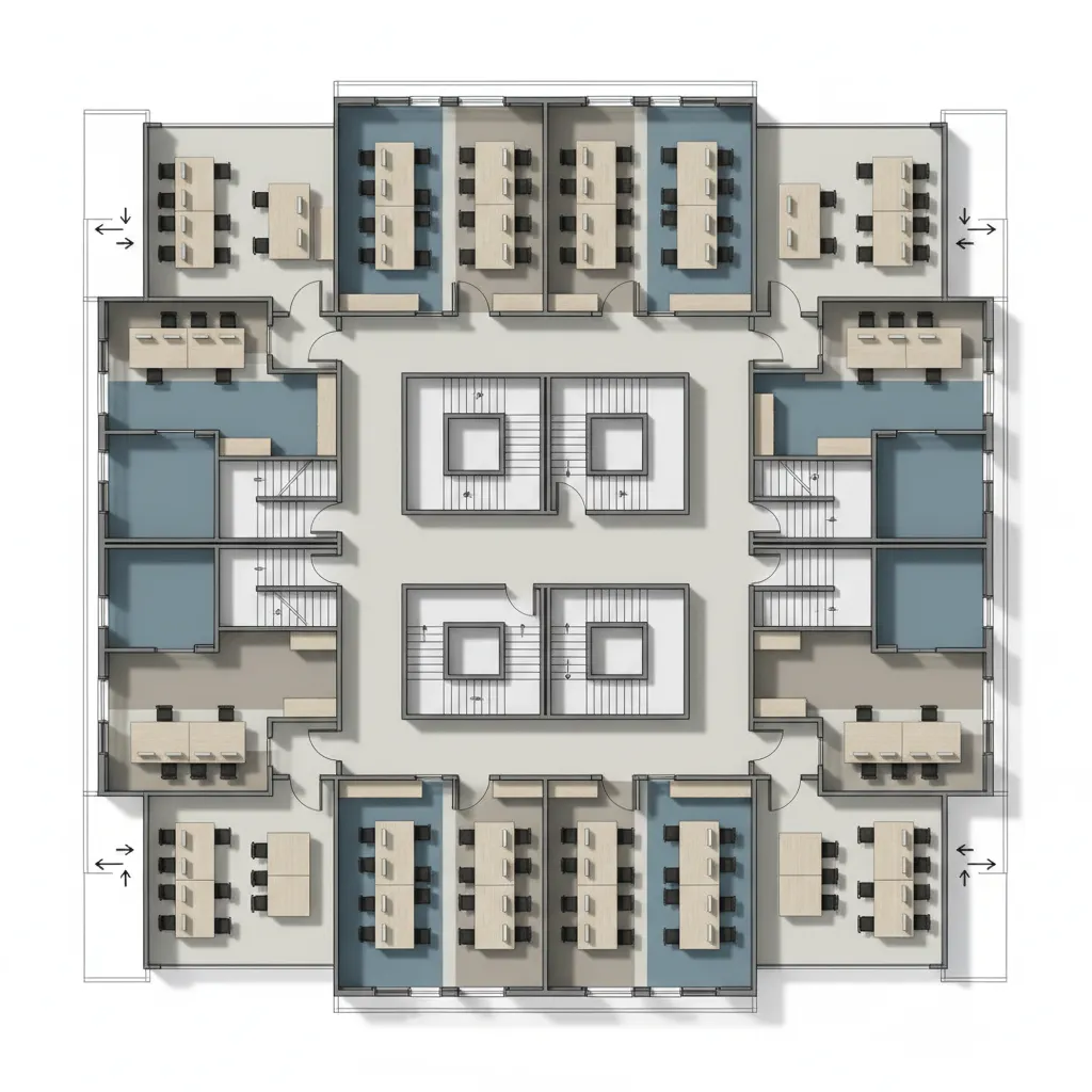 office floor plan showing stair cores and distributed emergency exits