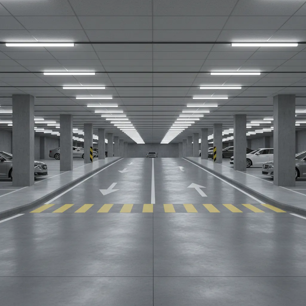 Wide two lane office building parking ramp with directional markings