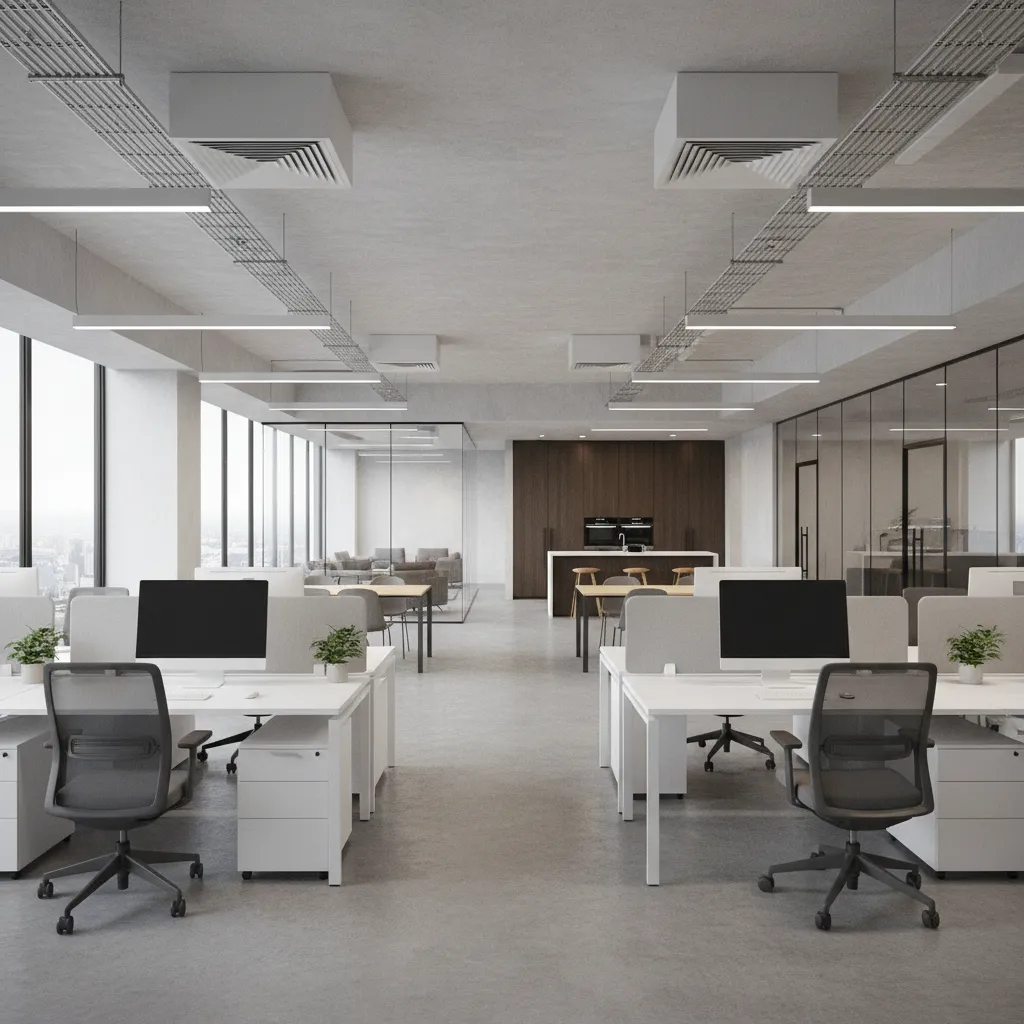 open plan office with ceiling HVAC vents lighting and power infrastructure