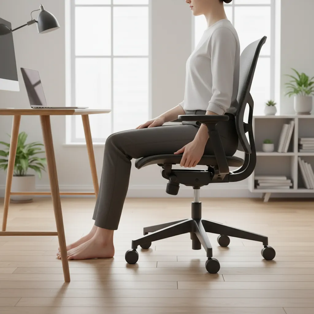 Adjusting seat height on ergonomic office chair with feet flat and knees aligned