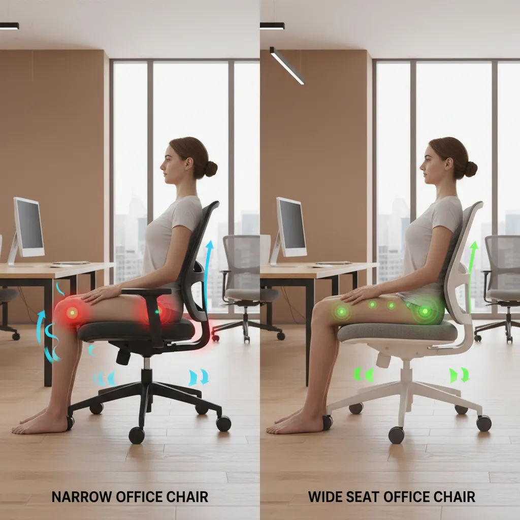 comparison of narrow office chair seat vs wide seat for cross legged sitting comfort