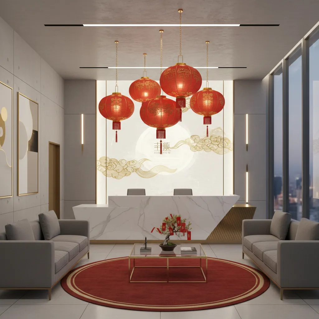 office reception decorated with red lanterns for Chinese New Year