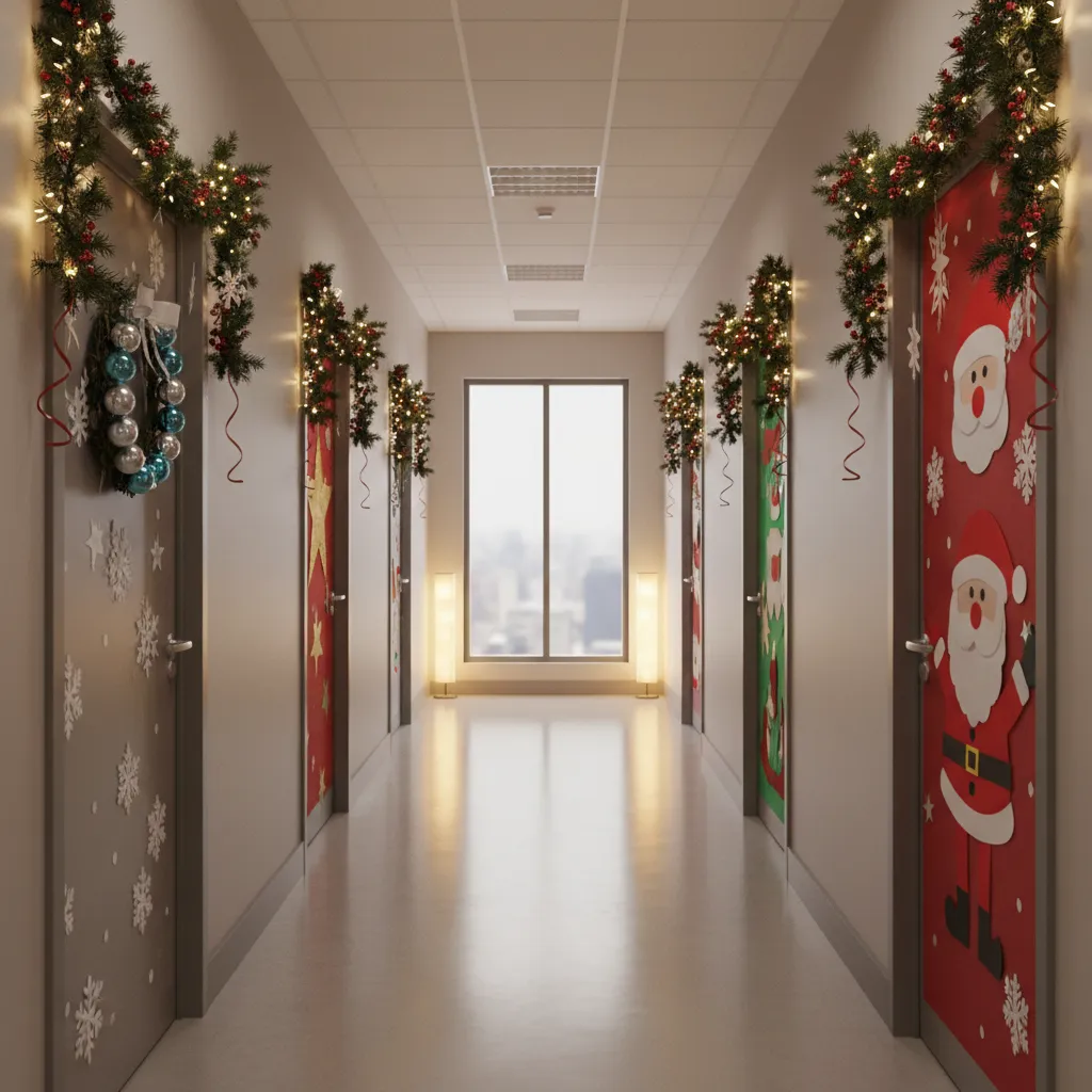office hallway with decorated christmas doors during workplace decorating contest