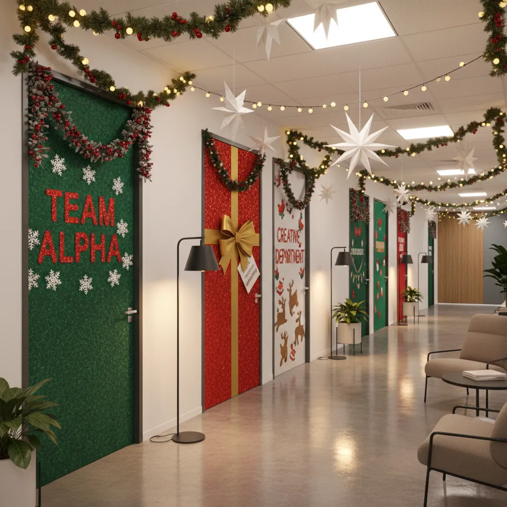 Office hallway with multiple Christmas decorated doors for contest