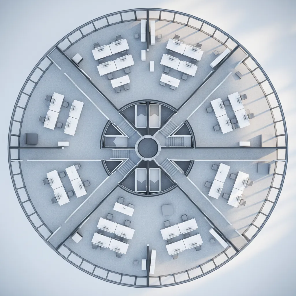 diagram style visualization of office tower circulation paths around central core