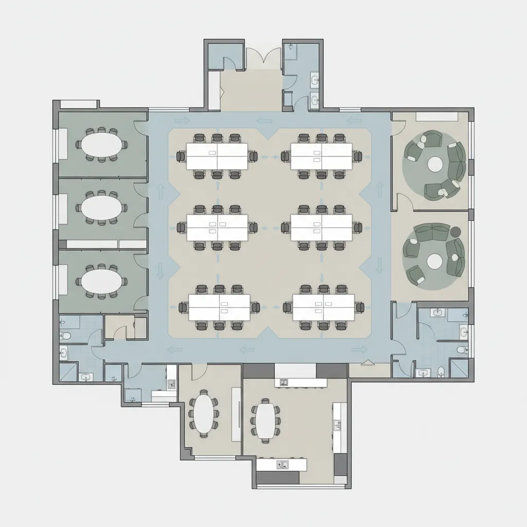 Office floor plan showing circulation paths and workspace zones
