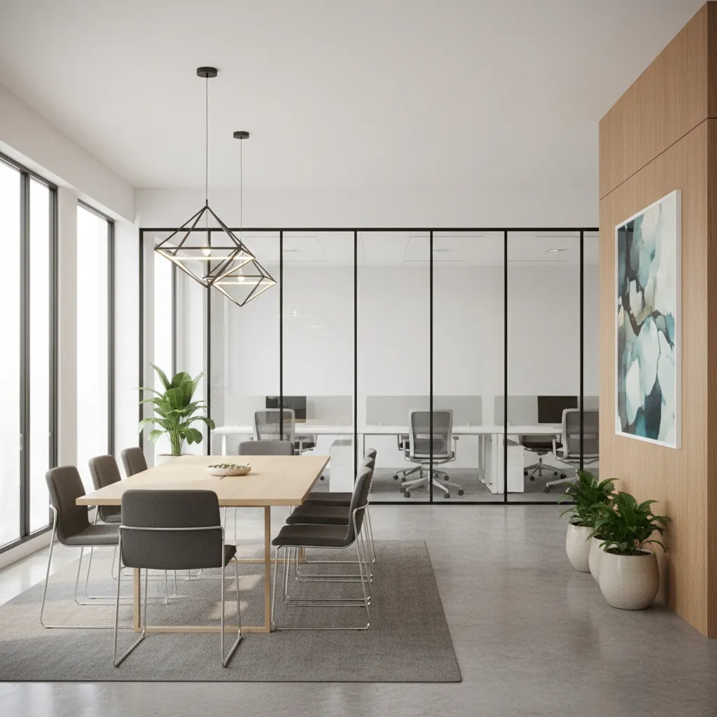 Modern office meeting room with wooden table grey chairs glass wall and decorative ceiling lights