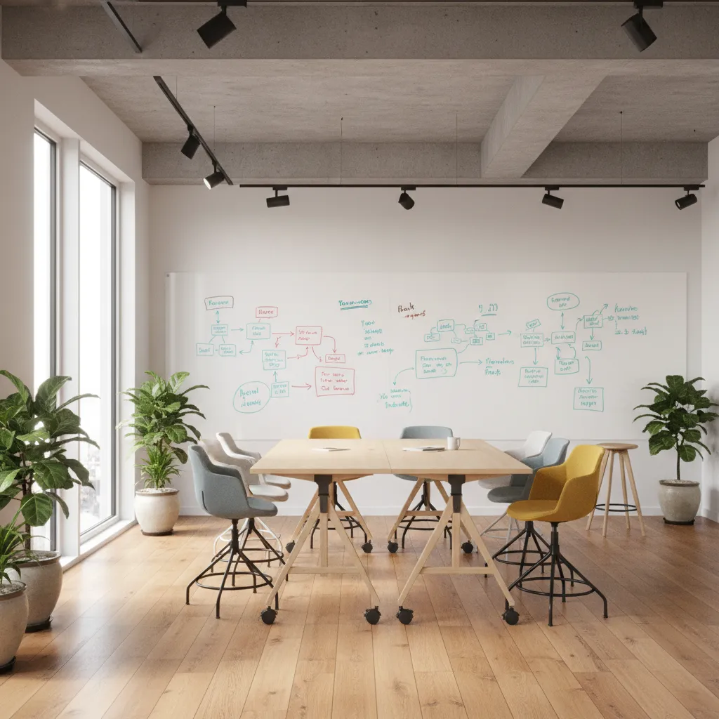 collaboration area with whiteboard and meeting table in office