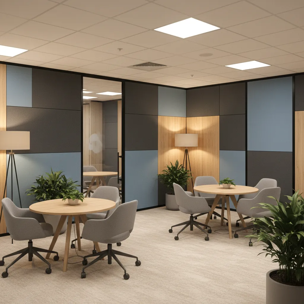 office collaboration zone with small meeting areas and acoustic design