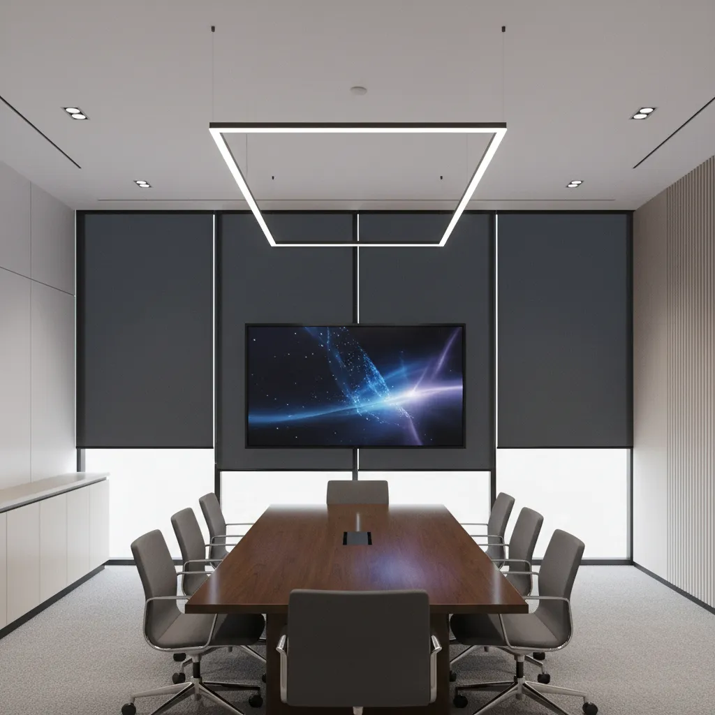 Modern conference room with blackout shades closed for presentation