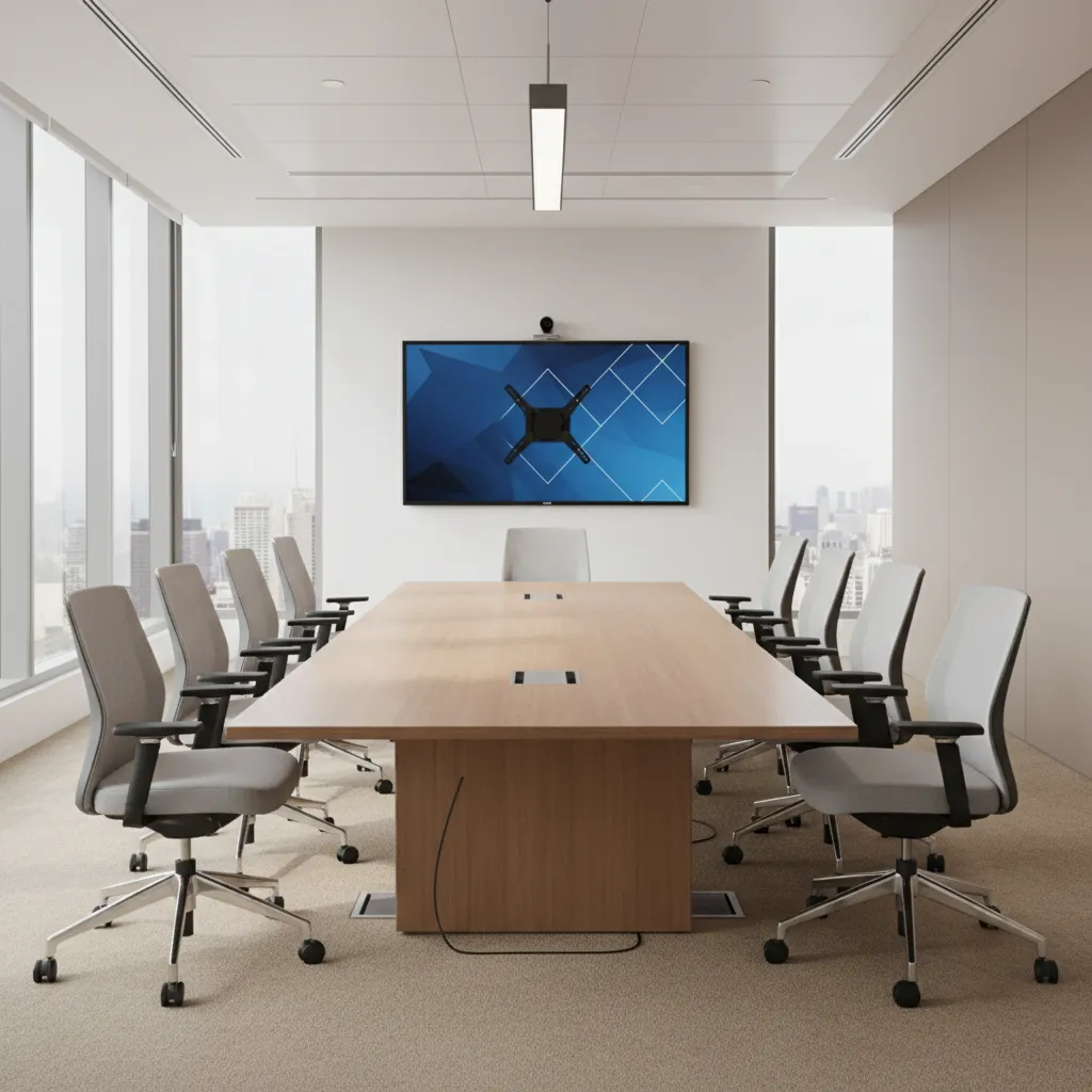 Conference room TV mounted on wall with fixed mount