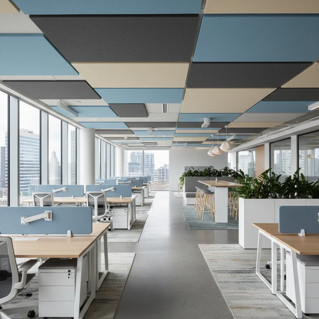 Modern open office layout with white desks blue dividers colorful ceiling panels plants and windows