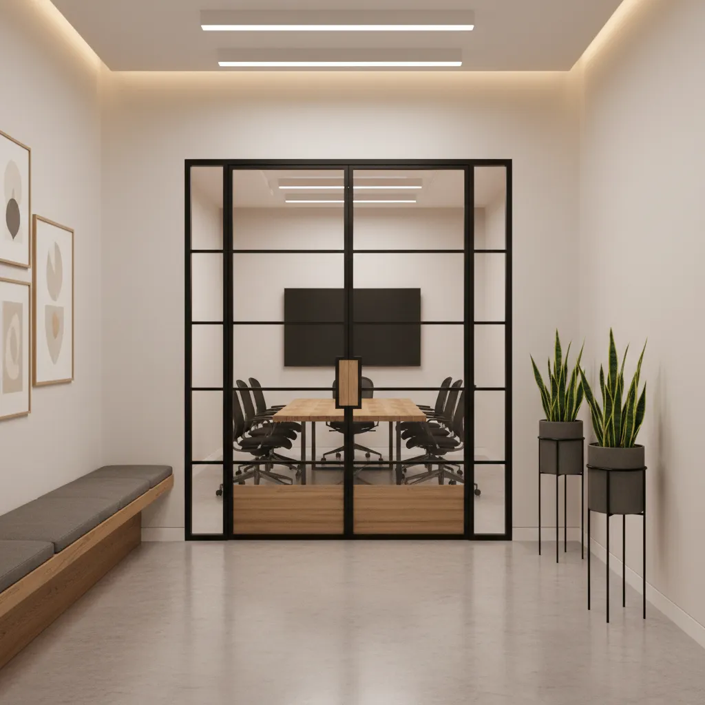 Modern office corridor with meeting room compact double doors