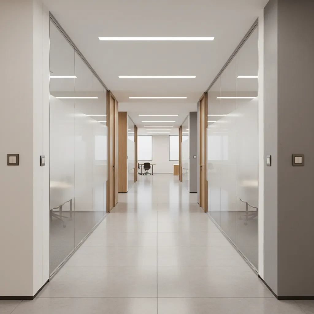 office corridor lighting controlled by switches at both entrances