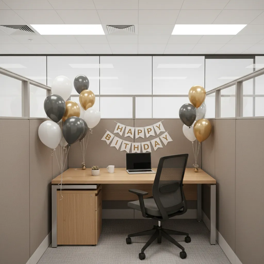 office cubicle decorated for birthday with balloons and banner staying inside cubicle boundaries
