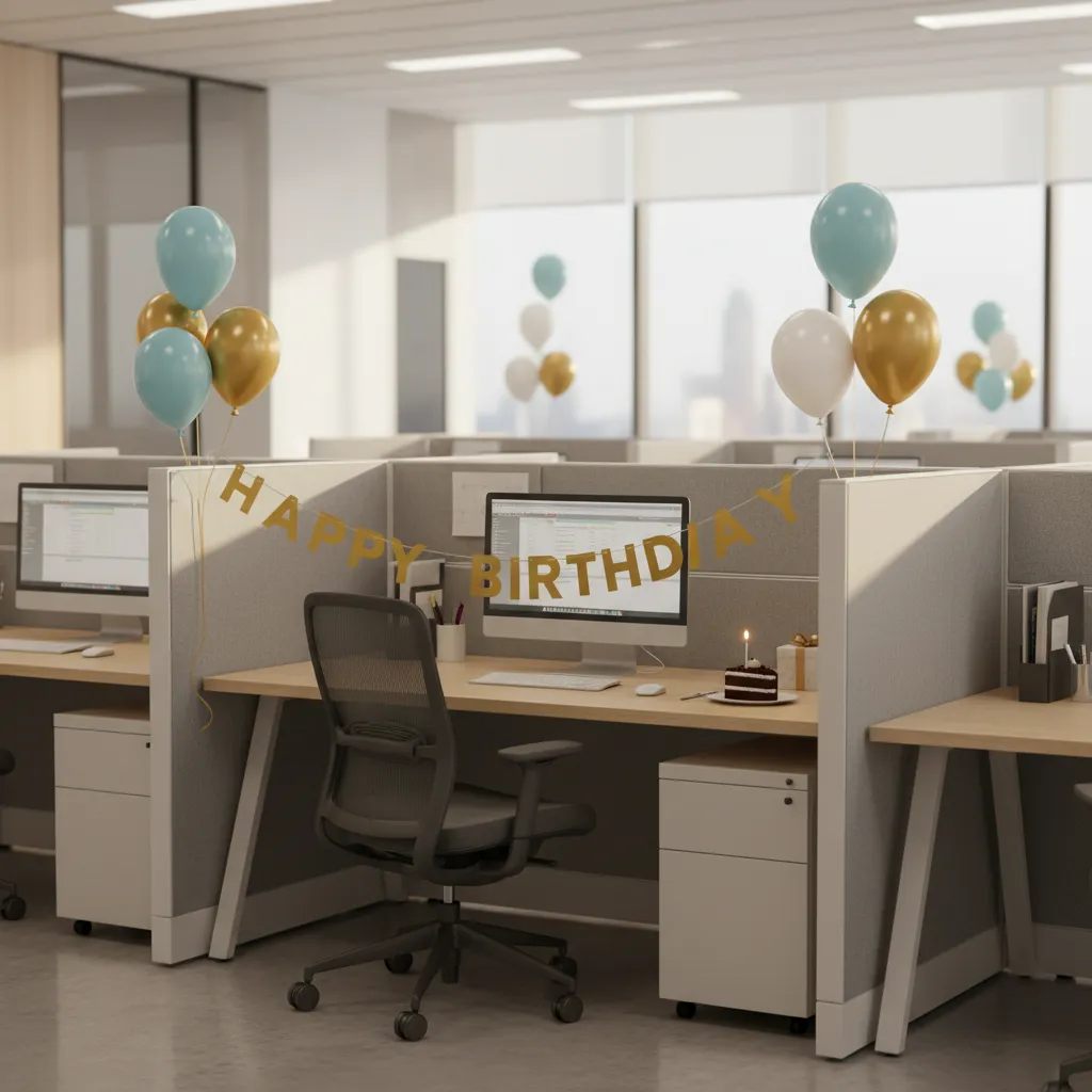 office cubicle decorated with balloons and banner for coworker birthday