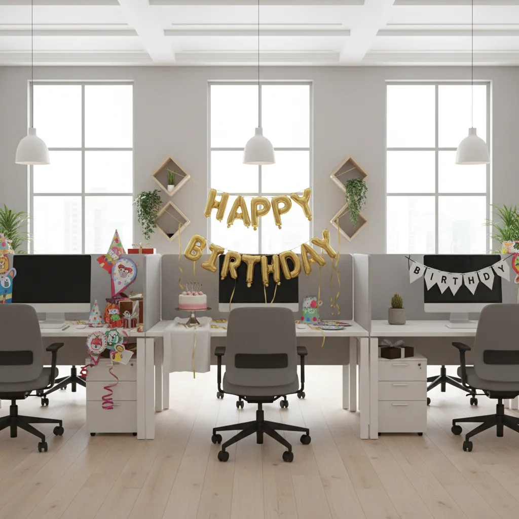 comparison of three cubicle birthday decoration styles in office workspace