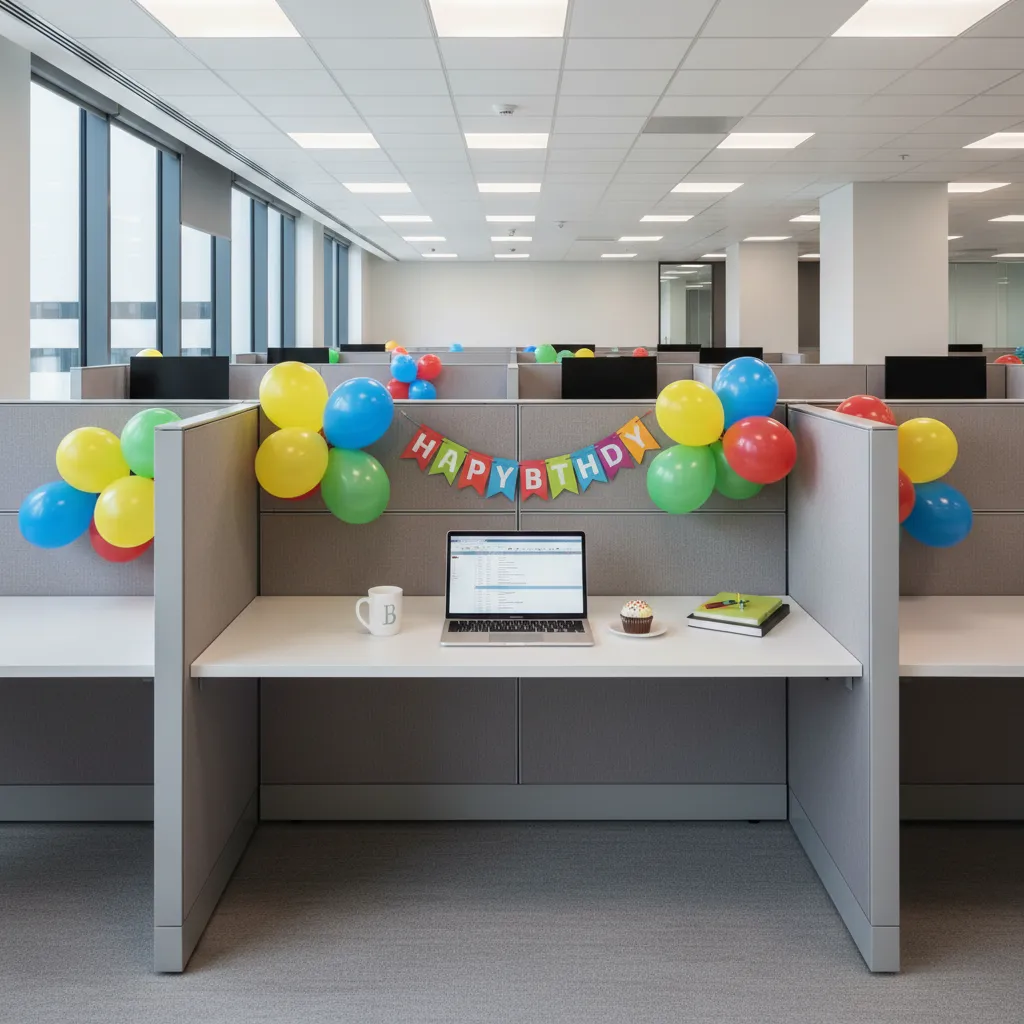 office cubicle decorated with birthday banner and balloons in a workplace