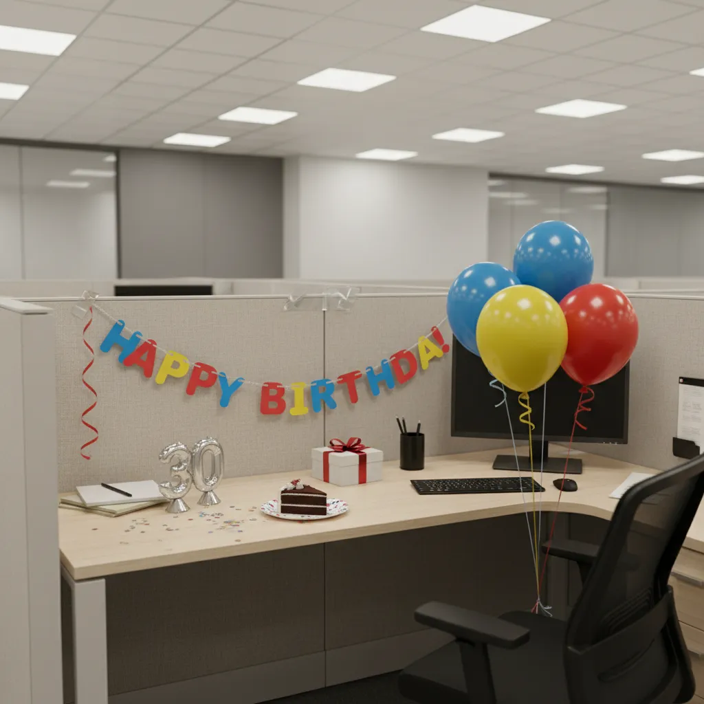 simple decorated office cubicle with birthday banner and balloons