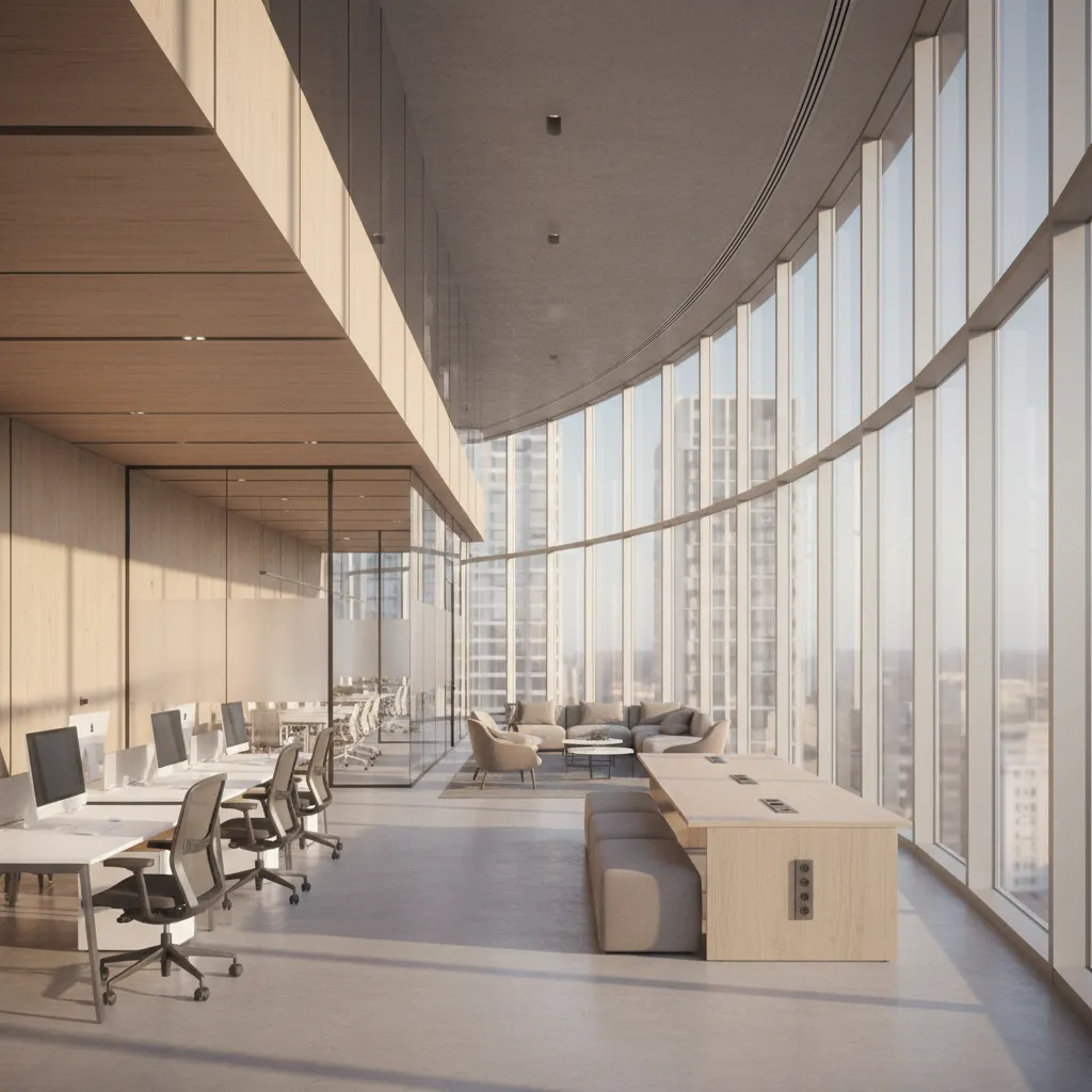 modern office floor with perimeter daylight workstations and glass meeting rooms near core