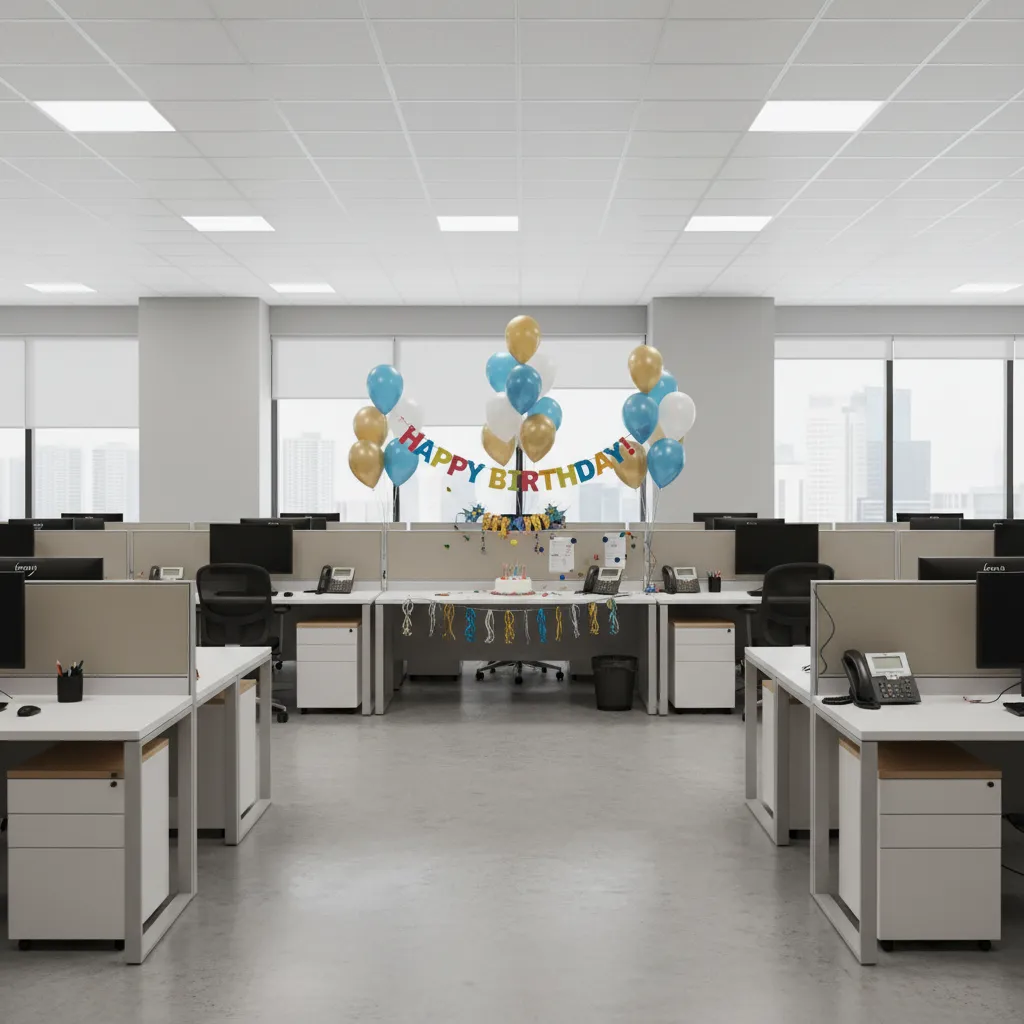 office cubicle birthday decorations with clear walkway and no blocked equipment