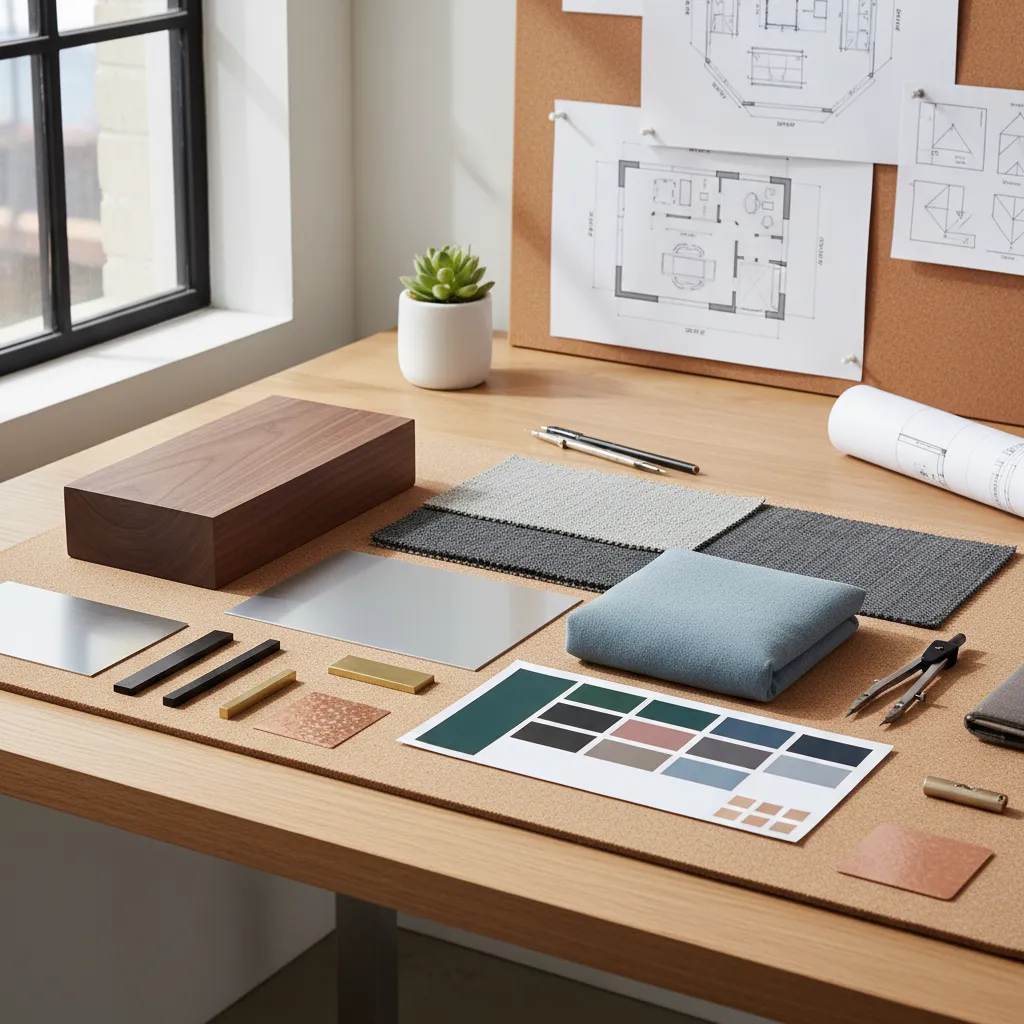 Office design mood board with fabric samples color palette floor plan drawings and wooden samples