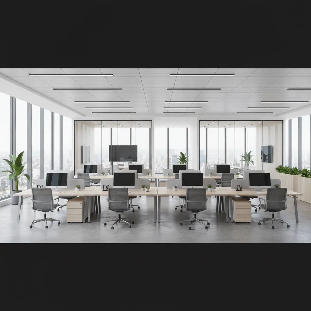 Bright modern room layout with long wooden desks computers grey chairs and large glass windows