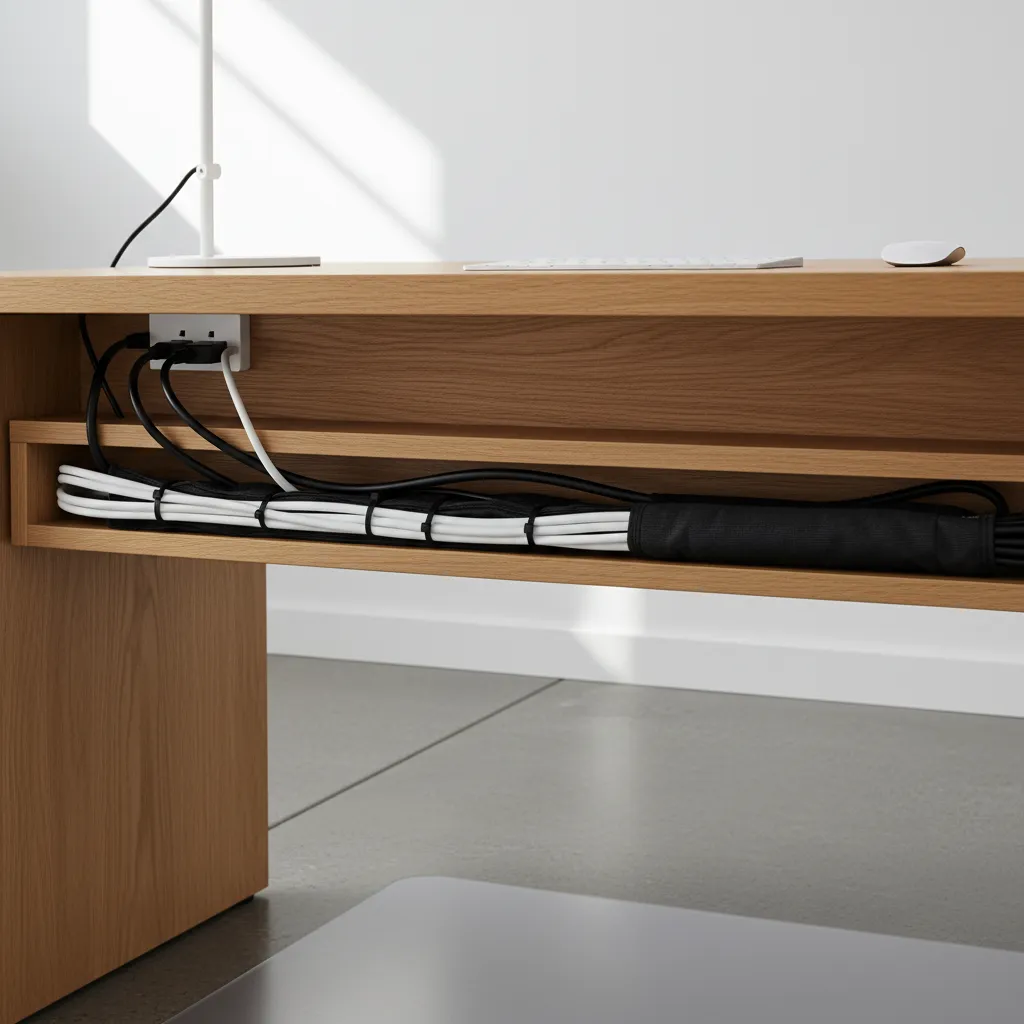 under desk cable management tray and organized wires for IT workstation