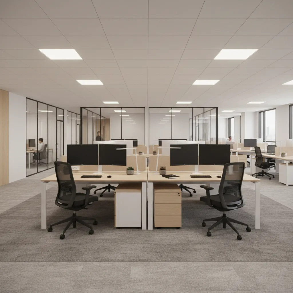 Desk clusters arranged back to back in a landscape office layout