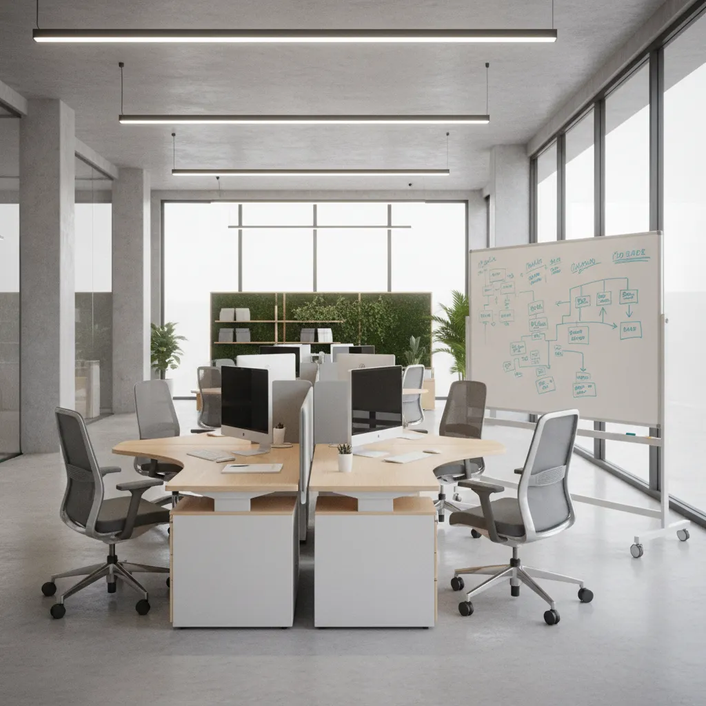 team desk cluster arrangement improving communication in office workspace