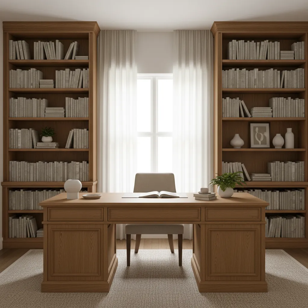 desk positioned between two tall office bookcases