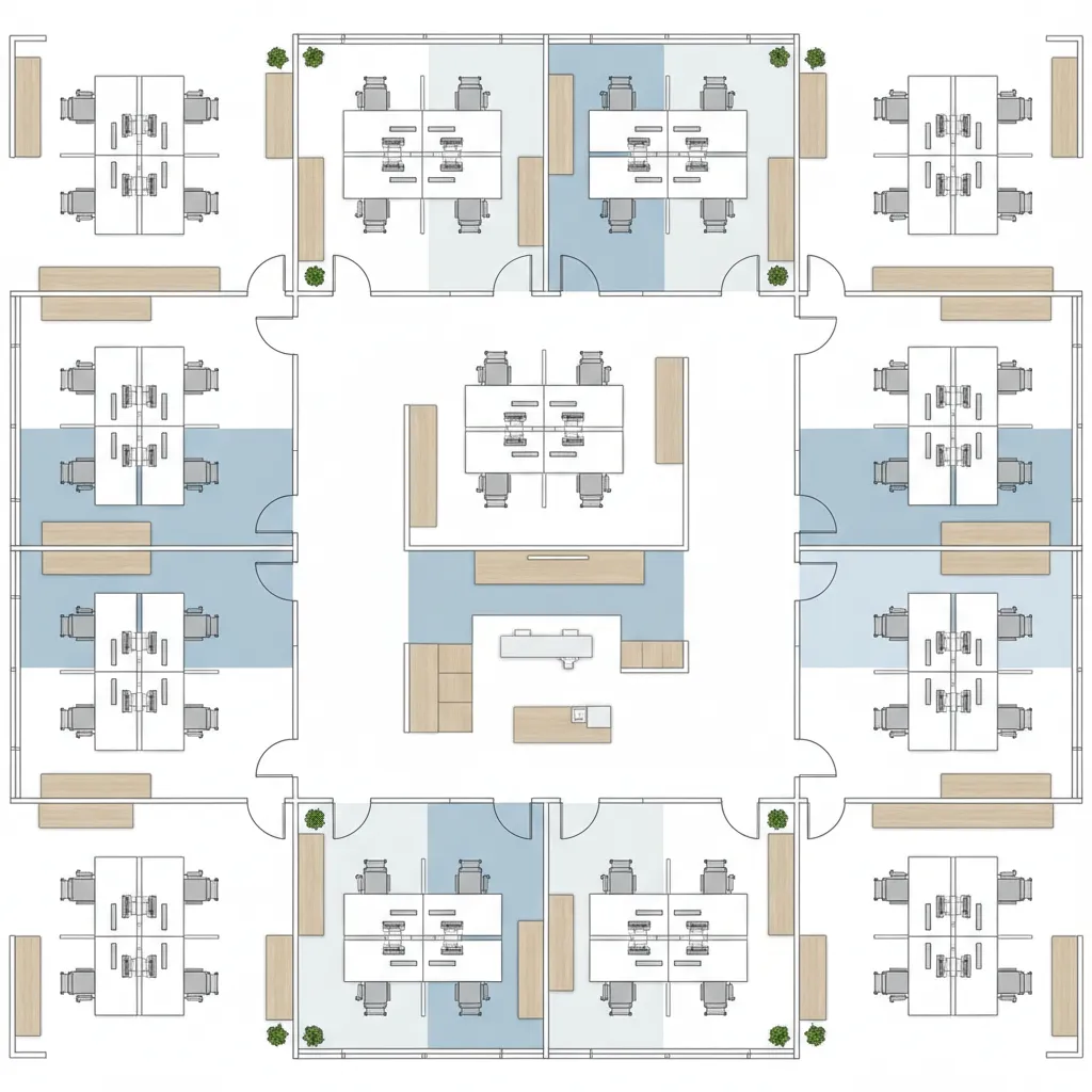 Top view office desk layout showing circulation paths