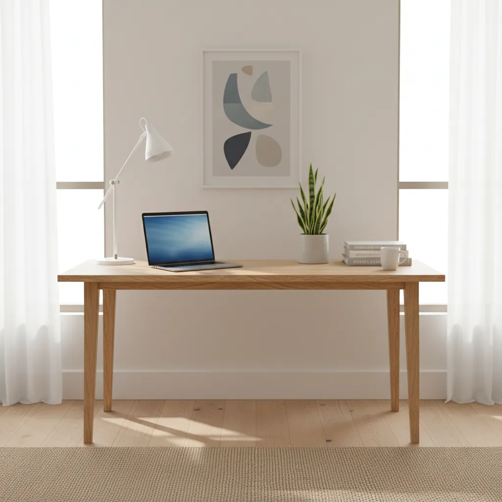 office desk with indoor plant and natural materials