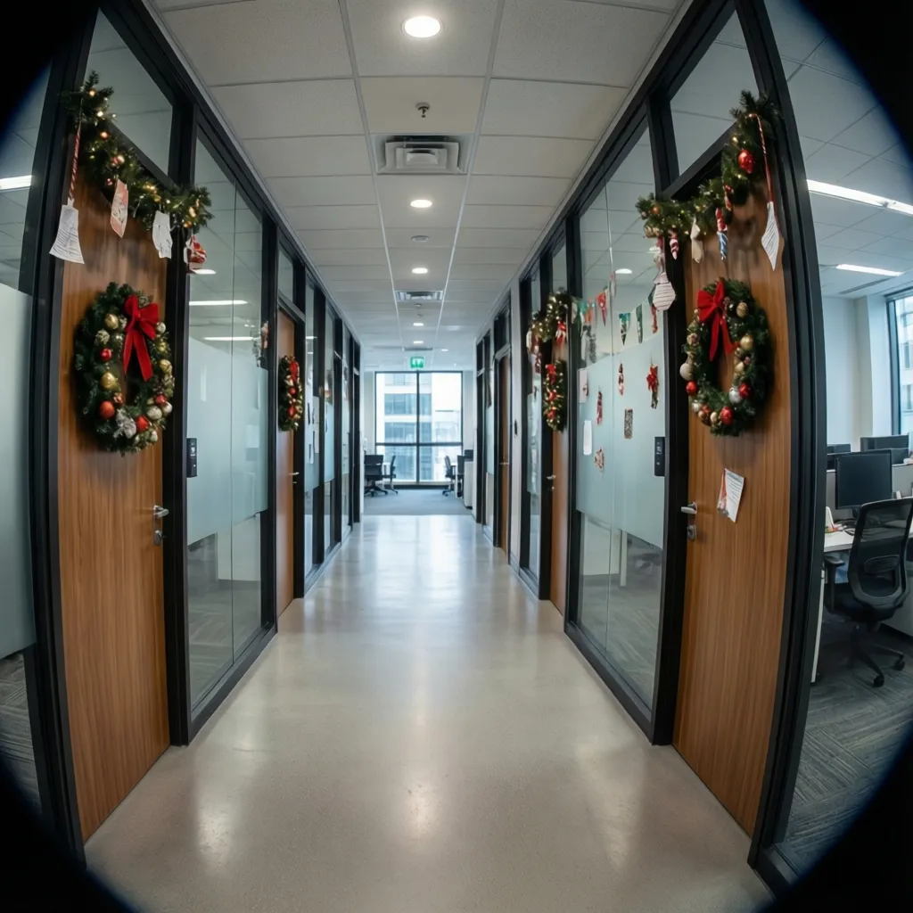 Office hallway with multiple decorated Christmas doors for a workplace contest