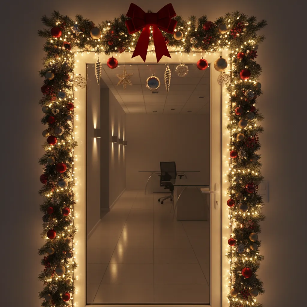 office christmas door decorated with warm LED lights and garland